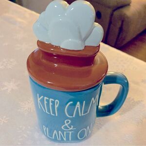 Rae Dunn Coffee Cup Tea Mug with Lid Keep Cam and Plant On Excellent no chips